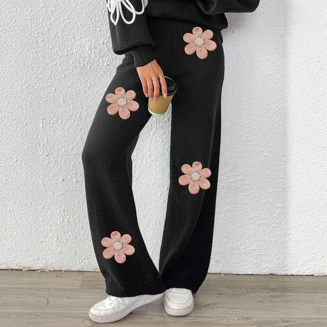 Damen lockere Strickhose mit floralen Applikationen Drune