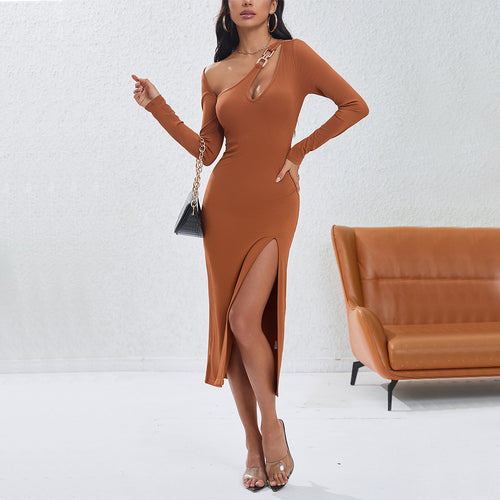 Damen figurbetontes Langarmkleid mit seitlichem Schlitz und asymmetrischem Ausschnitt Drune