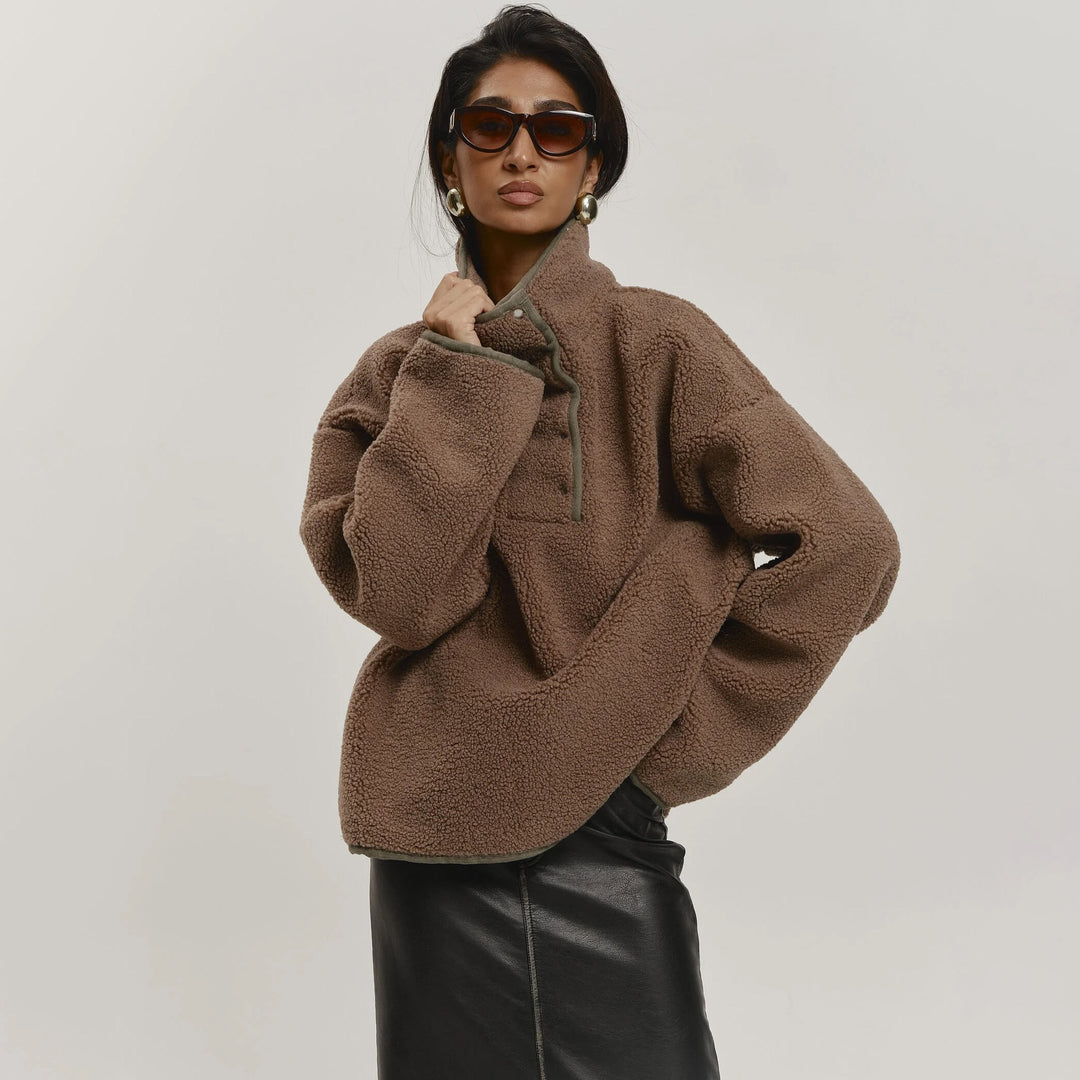 Damen Kuschelige Oversized Fleecejacke mit Stehkragen und Druckknöpfen Drune