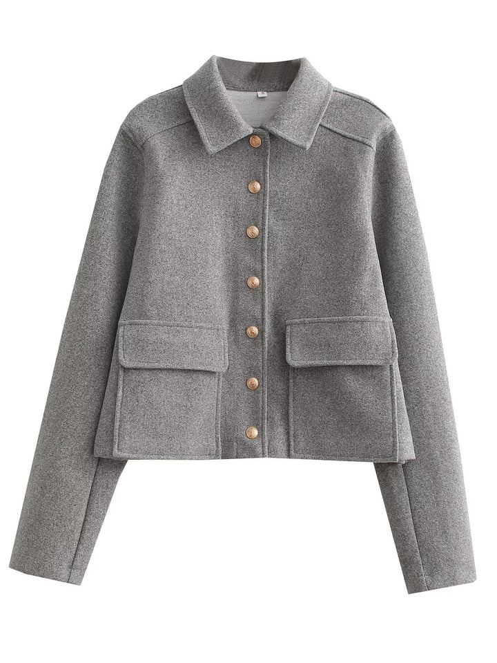 Damen modische Kurzjacke mit praktischen Taschen und goldenen Knöpfen Drune