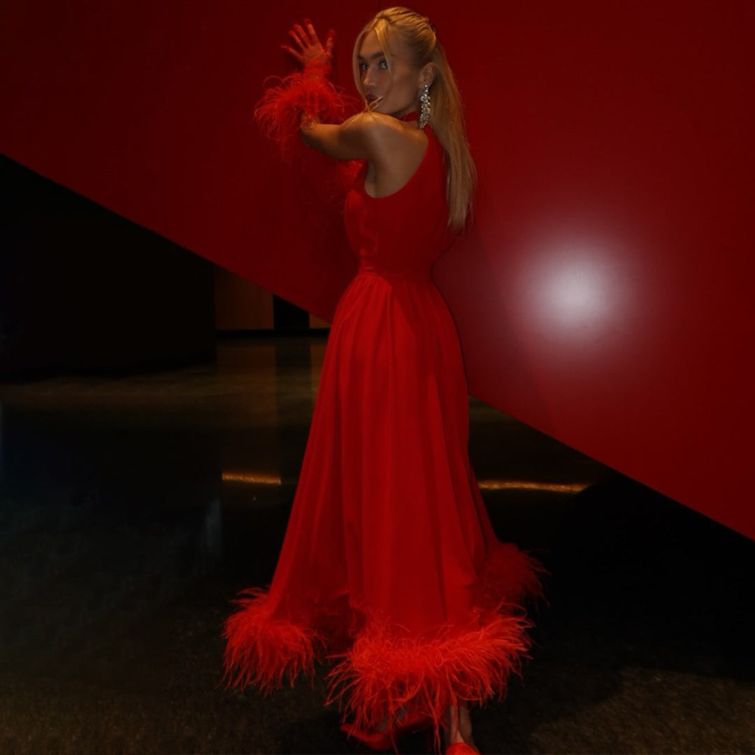 Damen Maxikleid mit eleganten Federn und hochgeschlossenem Design Drune