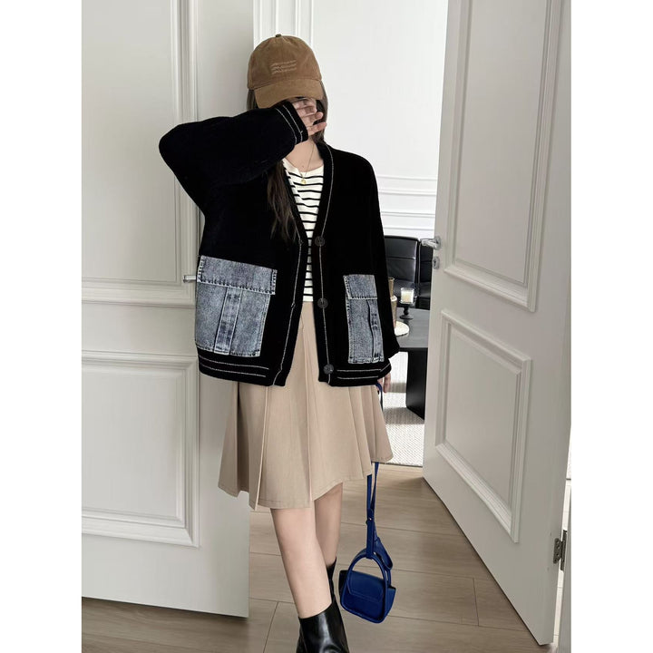 Damen modische Strickjacke mit Denim-Details Drune