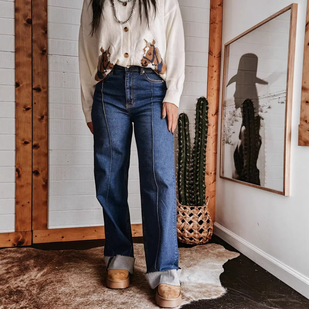 Damen weite High-Waist Jeans mit einzigartigen Kontrastnähten und lässigem Look Drune
