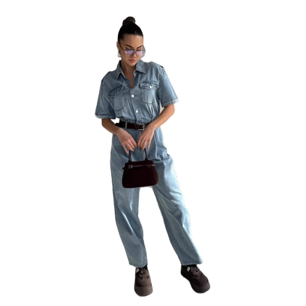Damen Jeanshemd Jumpsuit mit modischem Schnitt und praktischen Taschen Drune