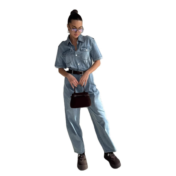 Damen Jeanshemd Jumpsuit mit modischem Schnitt und praktischen Taschen Drune