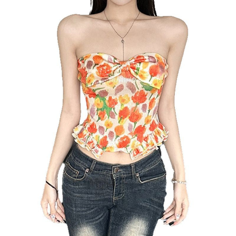 Damen Bustier-Top mit floralem Glitzerdesign und Rüschensaum Drune