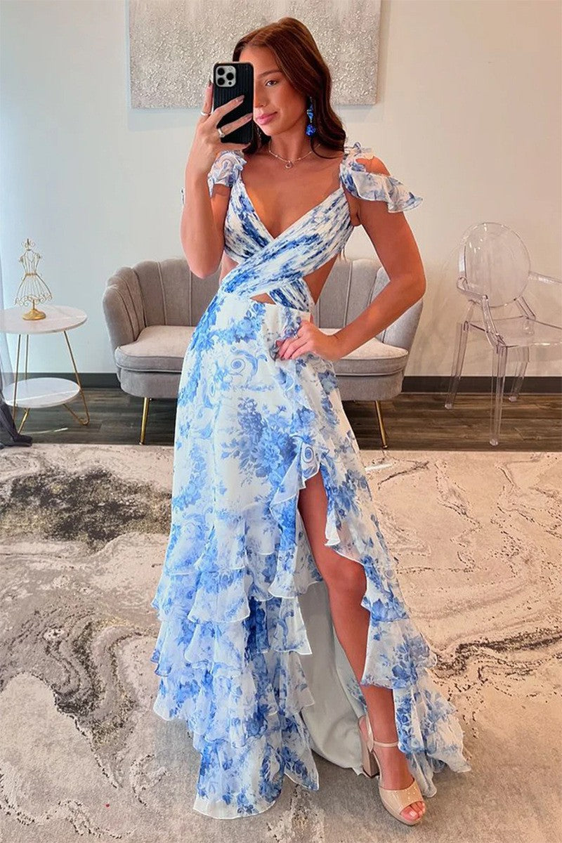 Damen Maxikleid mit romantischen Rüschen und floralem Schnitt Drune
