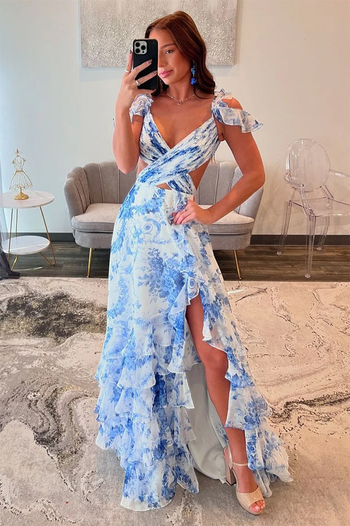 Damen Maxikleid mit romantischen Rüschen und floralem Schnitt Drune
