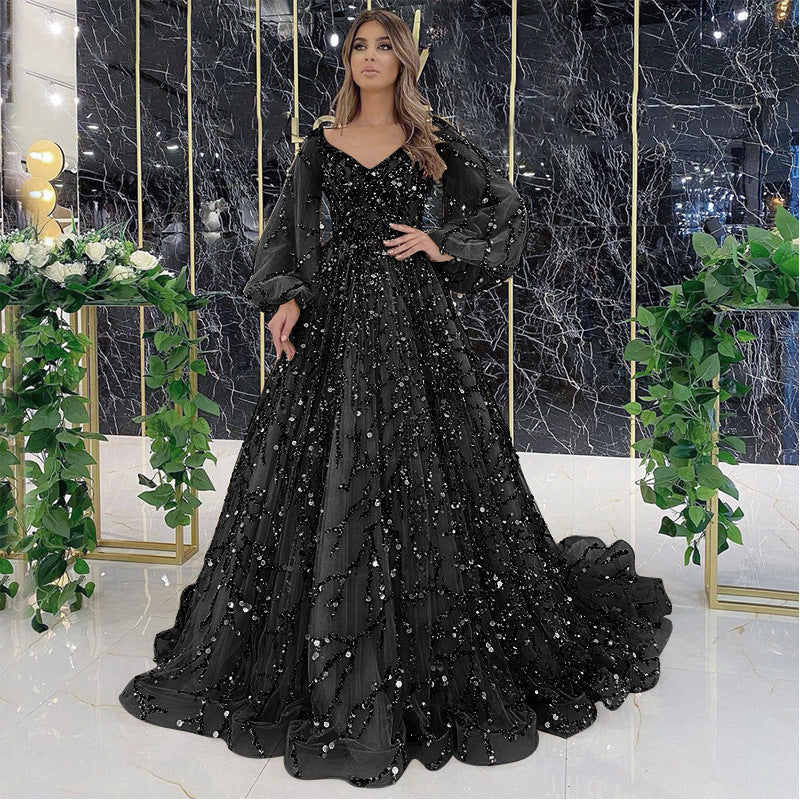 Damen Glamouröses Abendkleid mit funkelnden Pailletten und transparenten Ärmeln Drune