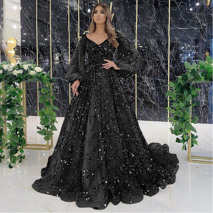 Damen Glamouröses Abendkleid mit funkelnden Pailletten und transparenten Ärmeln Drune