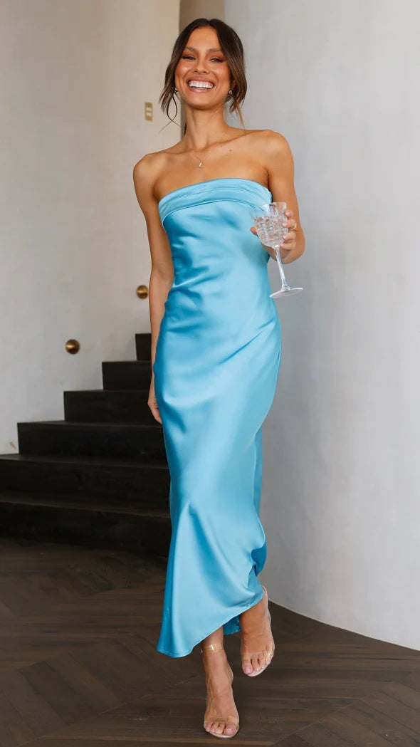 Drune | Frühling Sommer Elegante Socialite Satin Hohle Ausschnitt Rückenfrei Röhren Top Kleid Länge