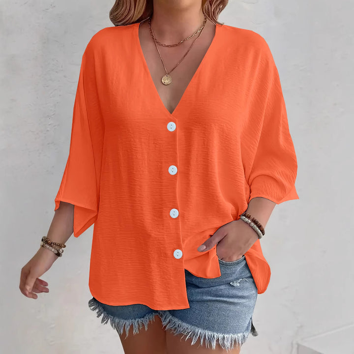 Damen Viskose Oversize-Bluse mit V-Ausschnitt und Knopfdetails Drune