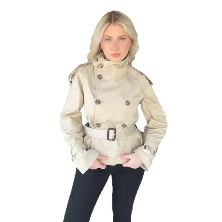 Damen modische Kurztrenchjacke mit doppelter Knopfreihe und Taillengürtel Drune