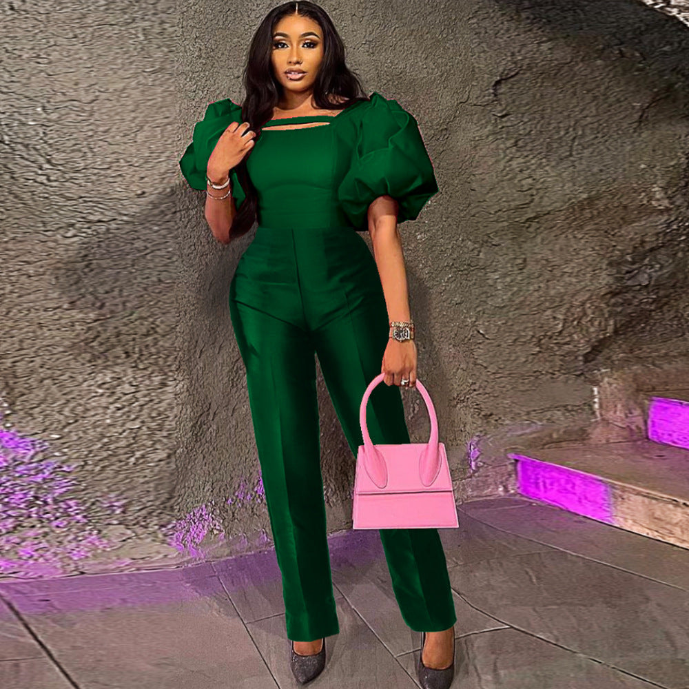 Damen eleganter Overall mit Puffärmeln und quadratischem Ausschnitt Drune