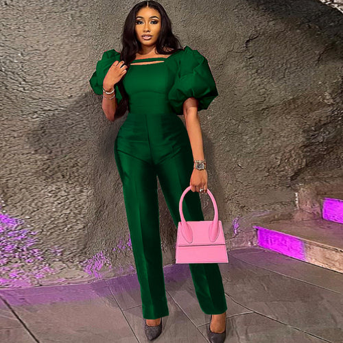Damen eleganter Overall mit Puffärmeln und quadratischem Ausschnitt Drune