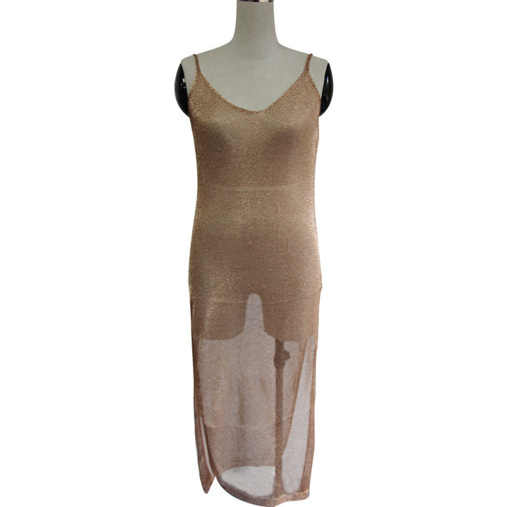 Damen elegantes Strickkleid mit transparentem Design und feinen Trägern Drune