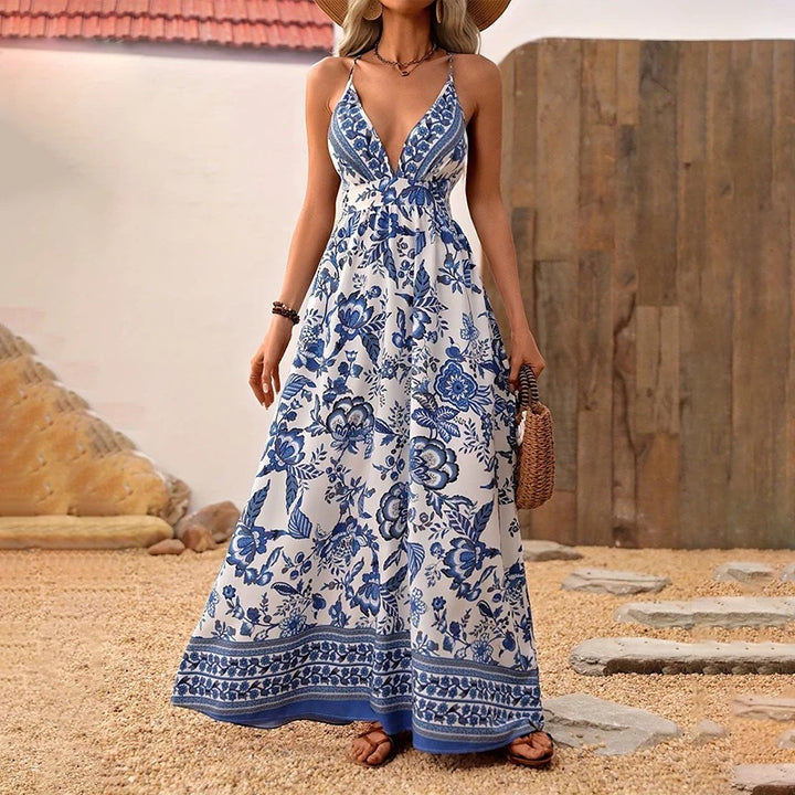 Damen Maxikleid mit tiefem V-Ausschnitt und floralen Mustern Drune