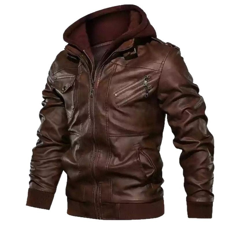 Herren modische Lederjacke mit abnehmbarer Kapuze Drune