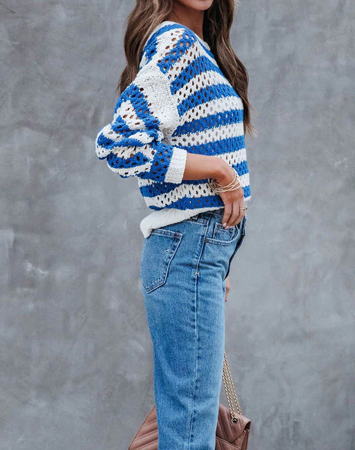Damen luftiger Strickpullover mit großflächigem Lochmuster und Streifendesign Drune