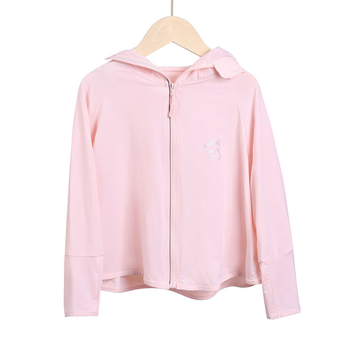 Damen leichte Sportjacke mit Kapuze und dezentem Motiv Drune
