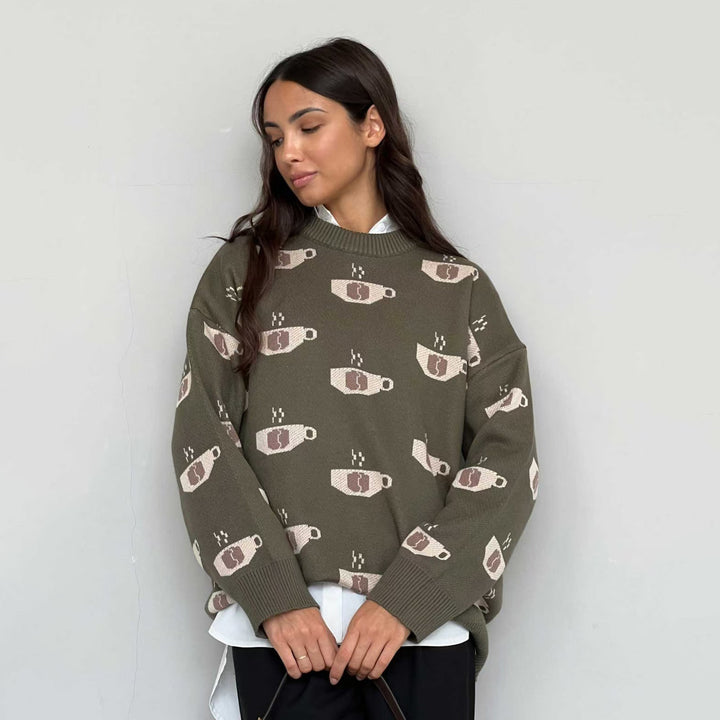 Damen Gemusterter Strickpullover mit Kaffeetassen-Motiv und angenehmem Sitz Drune