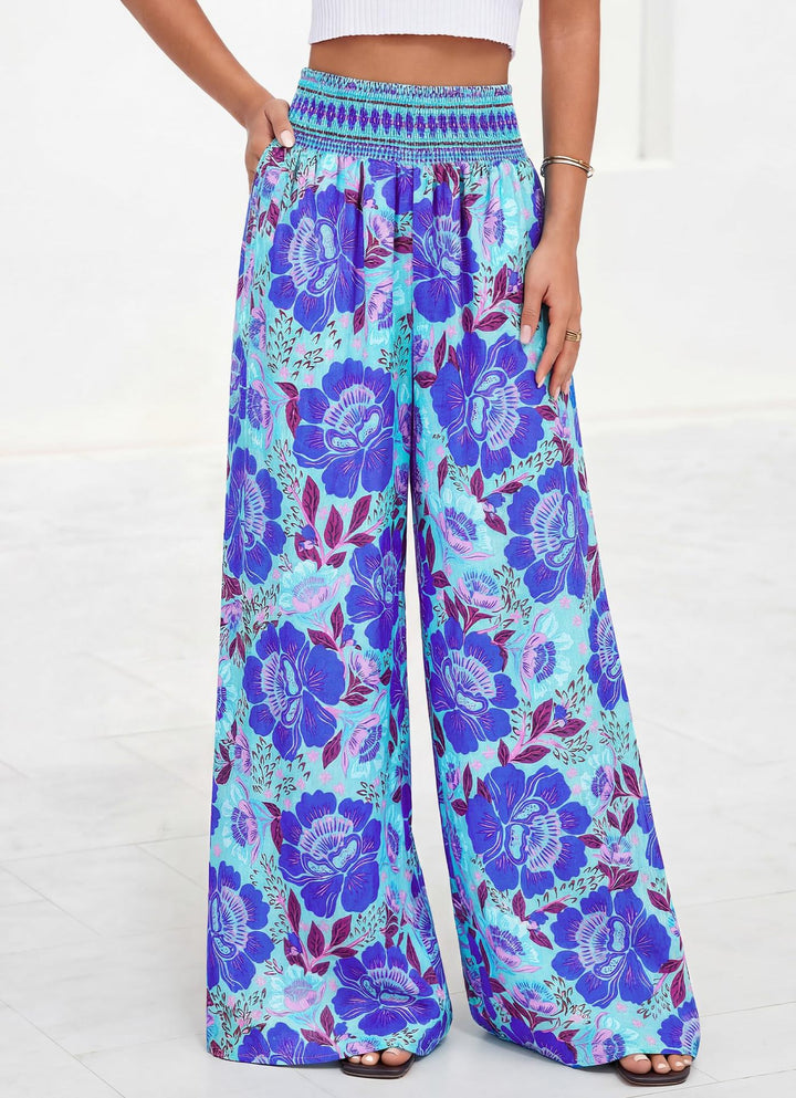 Damen luftige Palazzo-Hose mit floralen Mustern und elastischem Bund Drune