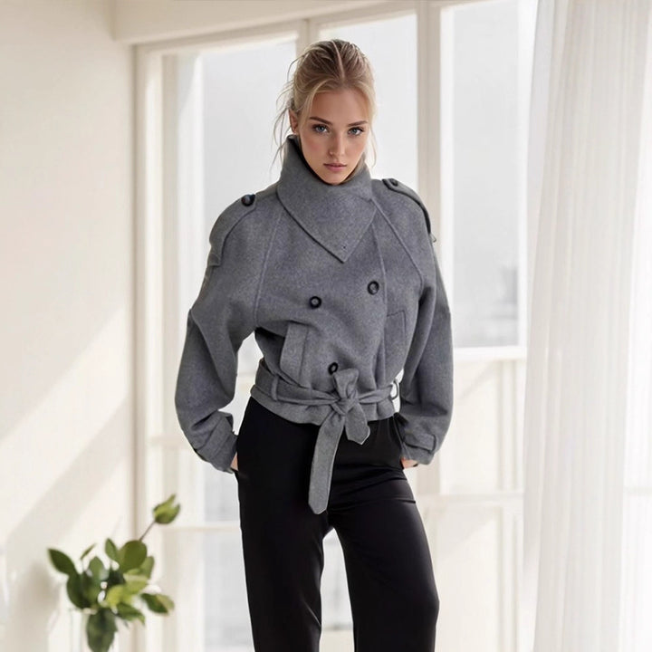 Damen modische Oversized-Wolljacke mit hohem Kragen und Gürtel Drune
