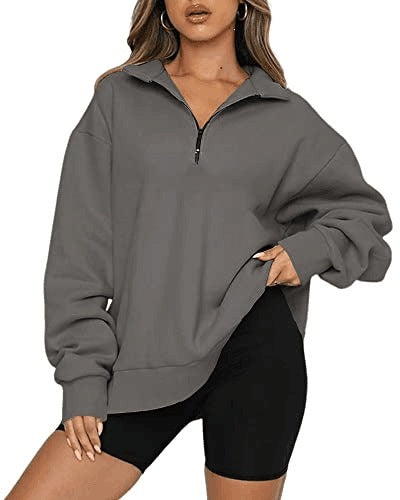 Damen nan oversized Sweatshirt mit halbem Reißverschluss, weichem Fleece-Innenfutter und Kängurutasche Drune