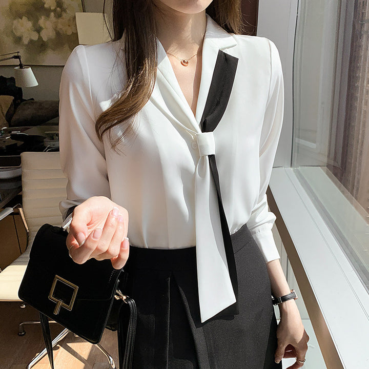 Damen Bluse mit elegantem Schleifenkragen und modernen Kontrasten Drune