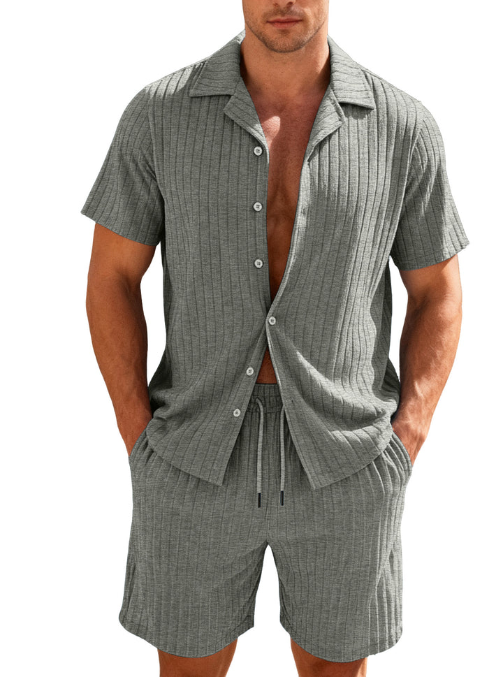Herren nan Rippenstrick Lounge-Set mit Reverskragen Kurzarmhemd und Komfort-Bermuda Drune