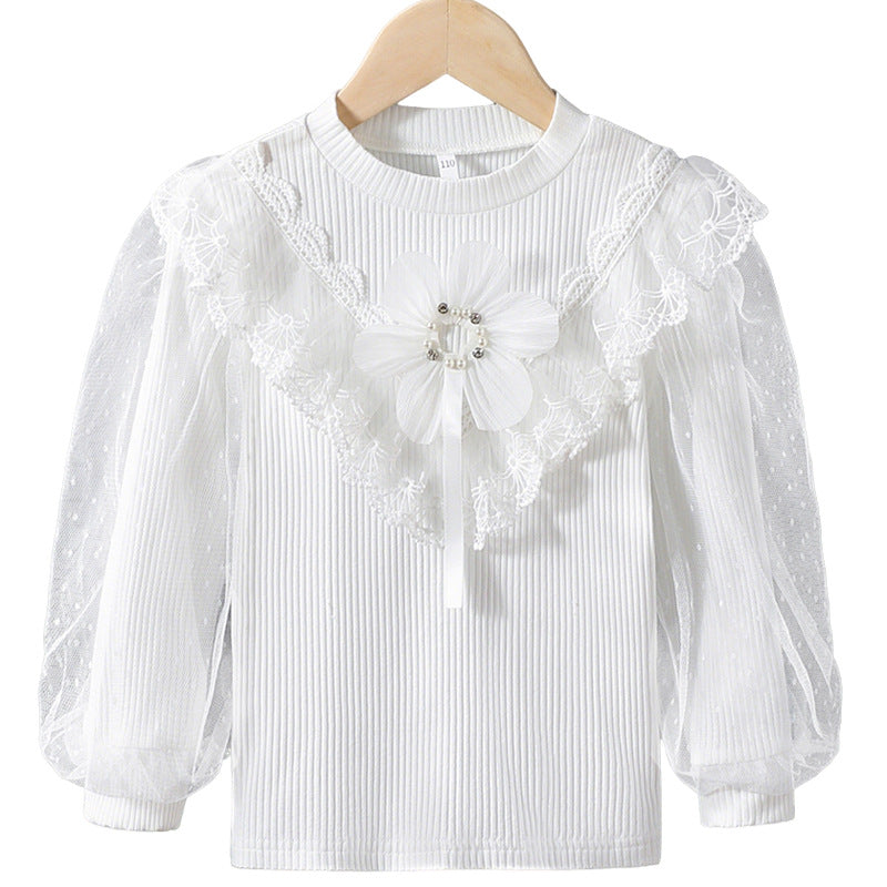 Mädchen Langarmshirt mit elegantem Tüllbesatz und Blumendekor Drune