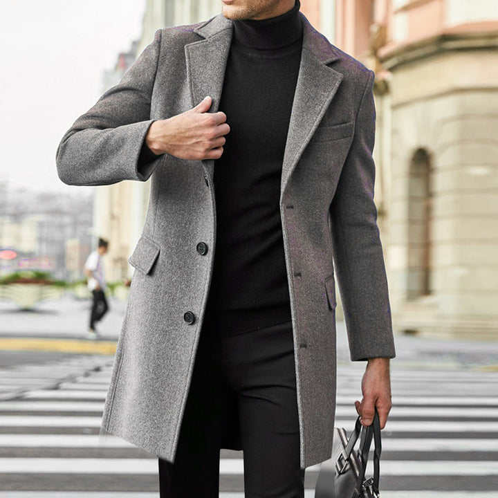 Herren eleganter Wollmantel mit klassischem Revers und verdeckten Knöpfen Drune