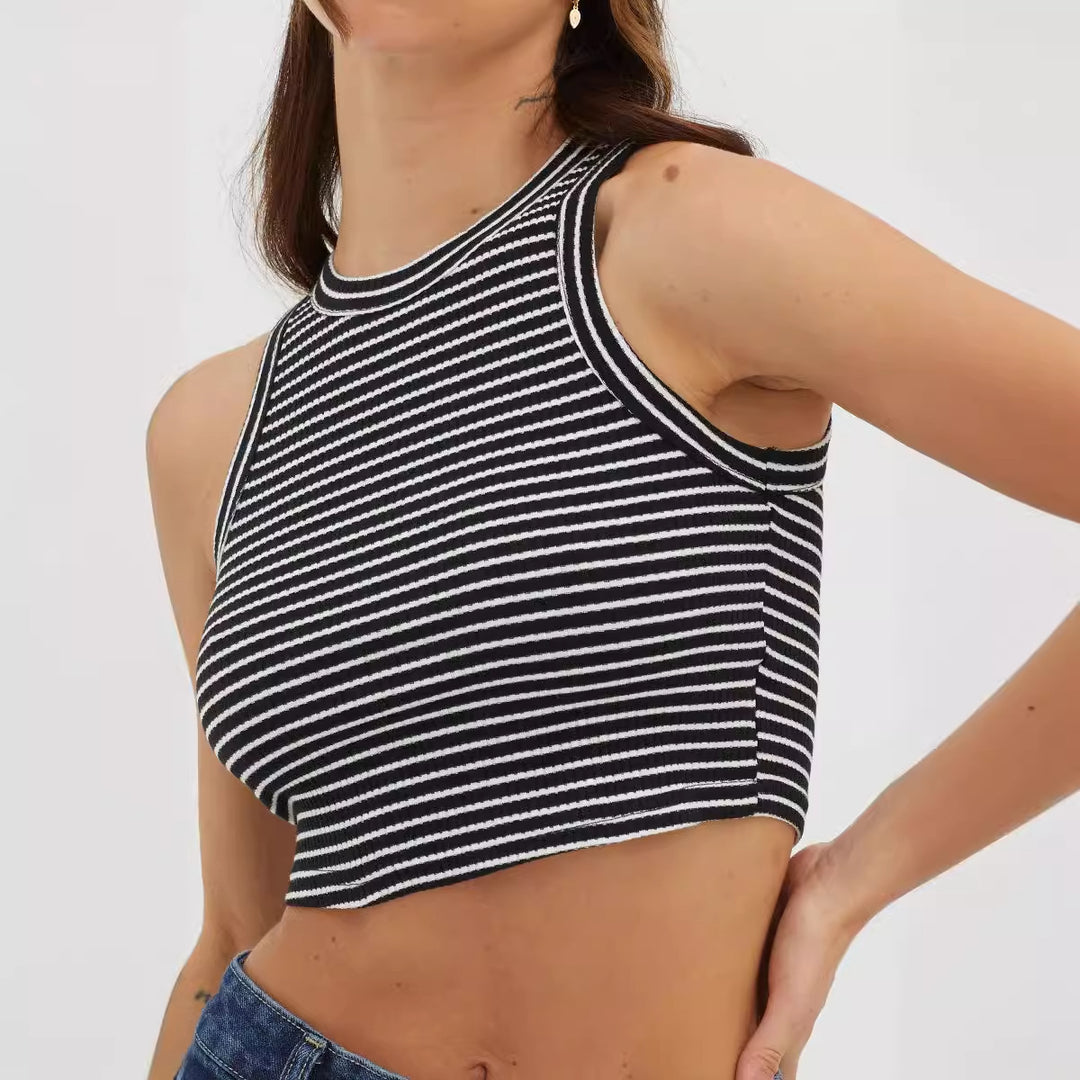 Damen cropped Tanktop mit modischem Streifenmuster und hohem Kragen Drune