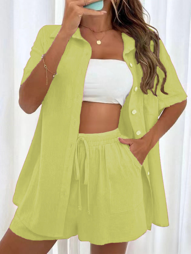 Damen luftiges Zweiteiliges Set mit Hemdbluse und Shorts Drune