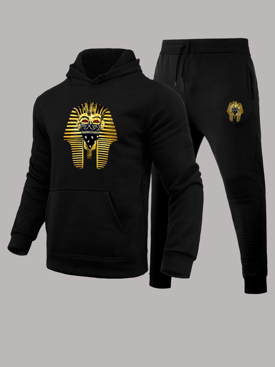 Herren Kapuzenpullover und Jogginghose Set mit künstlerischem Pharaonen-Motiv Drune