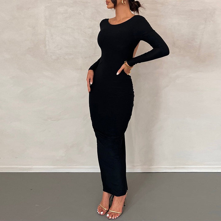 Damen Elegantes figurbetontes Maxikleid mit langen Ärmeln und Rundhalsausschnitt Drune