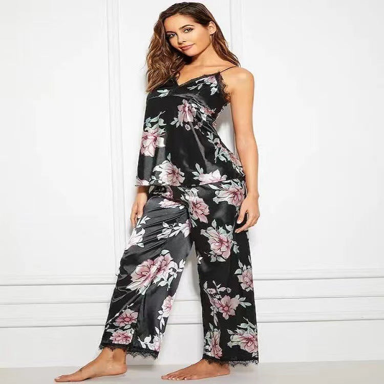 Damen Blumenmuster Satin Pyjama Set Drune