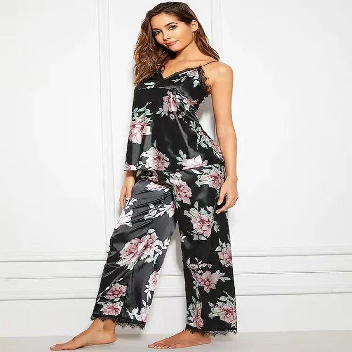Damen Blumenmuster Satin Pyjama Set Drune