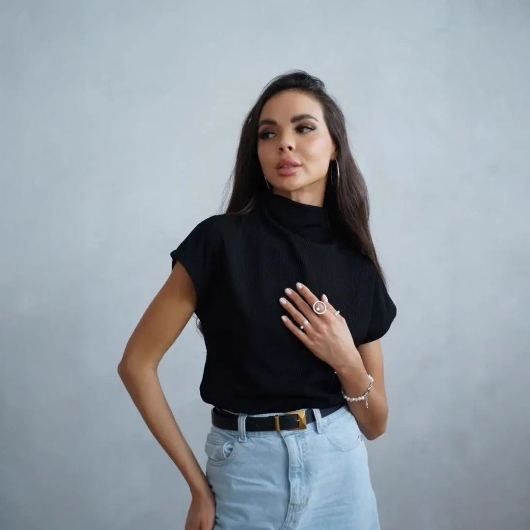 Damen modisches Kurzarm-Shirt mit hochgeschlossenem Kragen und elegantem Schnitt