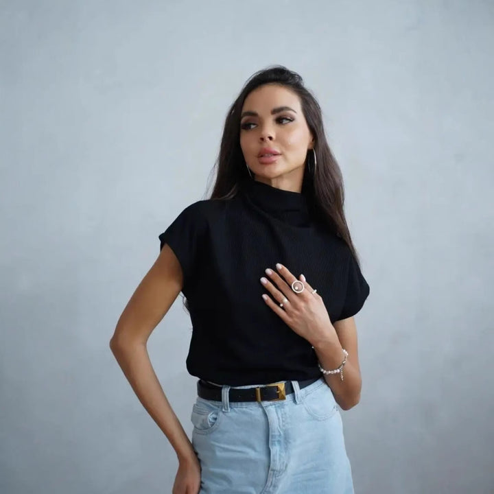 Damen modisches Kurzarm-Shirt mit hochgeschlossenem Kragen und elegantem Schnitt