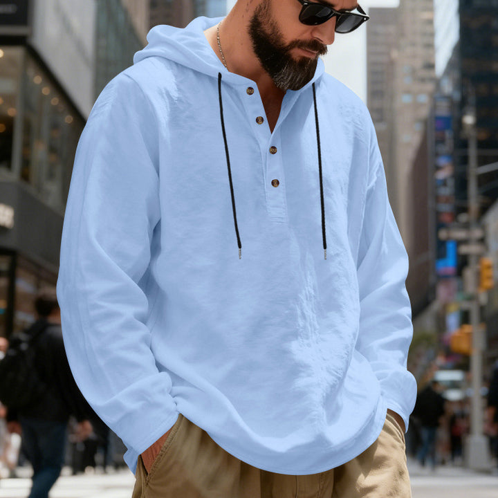Herren nan legeres Henley-Kapuzenhemd mit Knopfleiste, Kordelzug und gerundetem Saum Drune