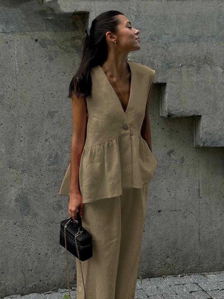 Damen luftiger Jumpsuit mit V-Ausschnitt und fließendem Schnitt Drune