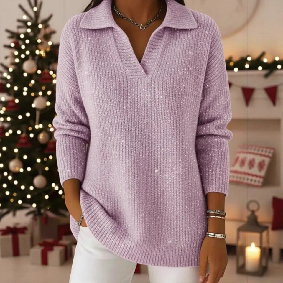 Damen schimmernder Strickpullover mit modernem Kragen Drune