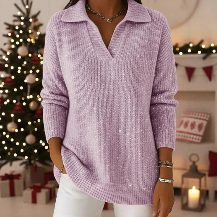 Damen schimmernder Strickpullover mit modernem Kragen Drune