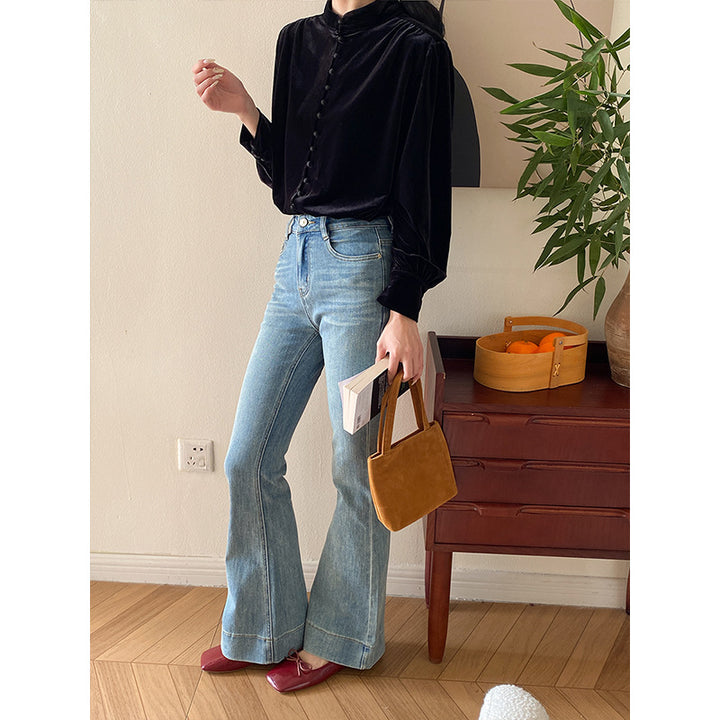 Damen elegante Samtbluse mit hoher Knopfleiste Drune