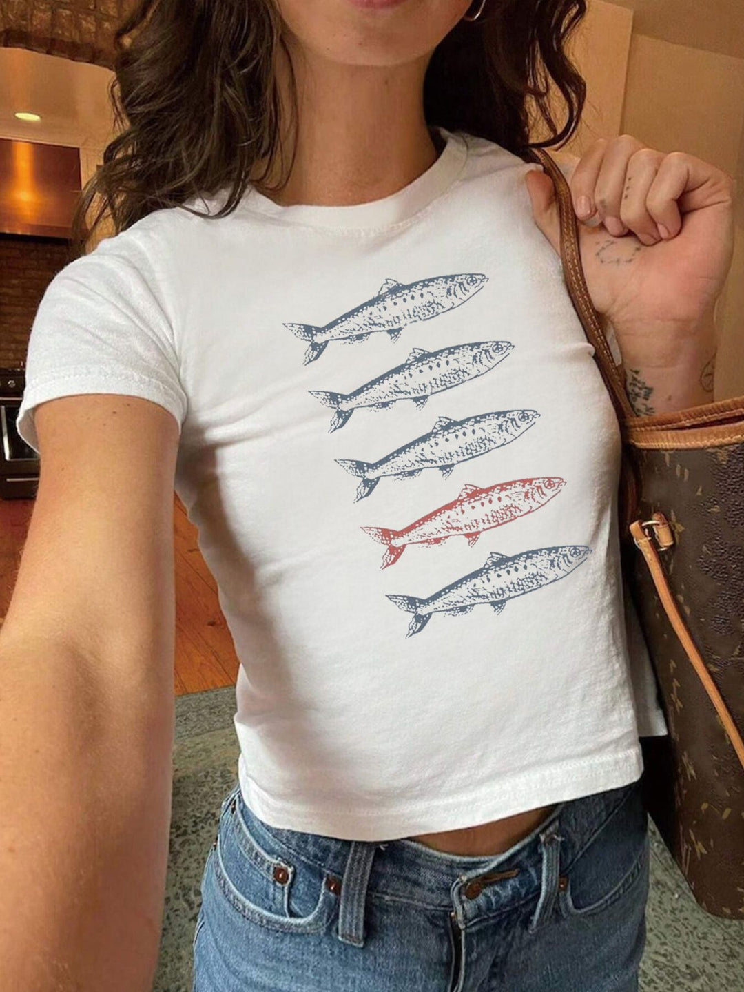 Damen Crop-T-Shirt mit künstlerischem Statementdruck Drune