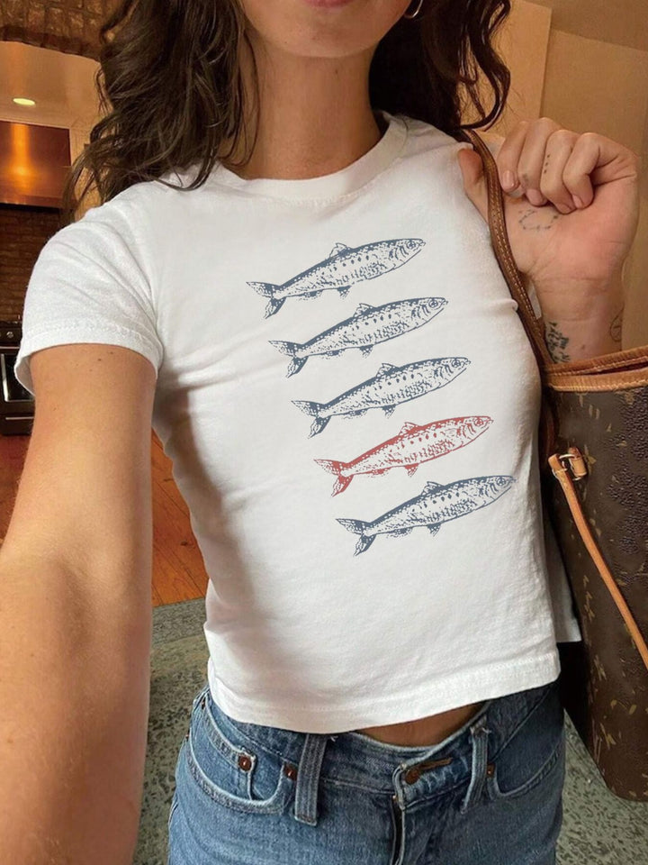 Damen Crop-T-Shirt mit künstlerischem Statementdruck Drune