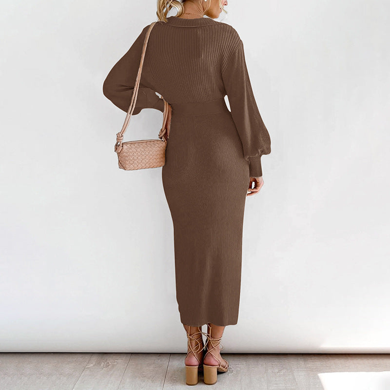Damen Strickkleid mit tiefem V-Ausschnitt und eleganter Taillierung Drune