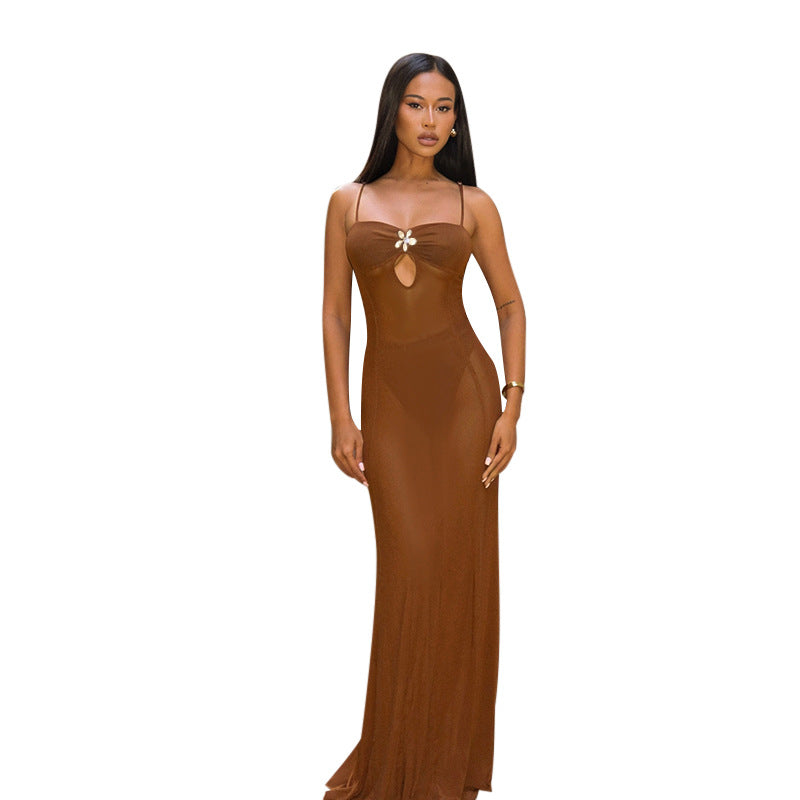 Damen transparenter Strand-Mantel mit verführerischem Cut-Out und zarter Blumenapplikation Drune