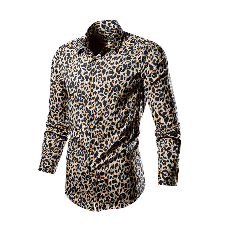 Herren nan tailliertes Langarmhemd mit auffälligem Leoprint, leichter Satinoptik und elastischem Slim Fit Drune